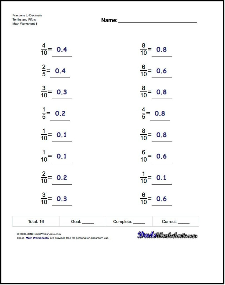 Common Fractions And Decimal Equivalents Worksheets