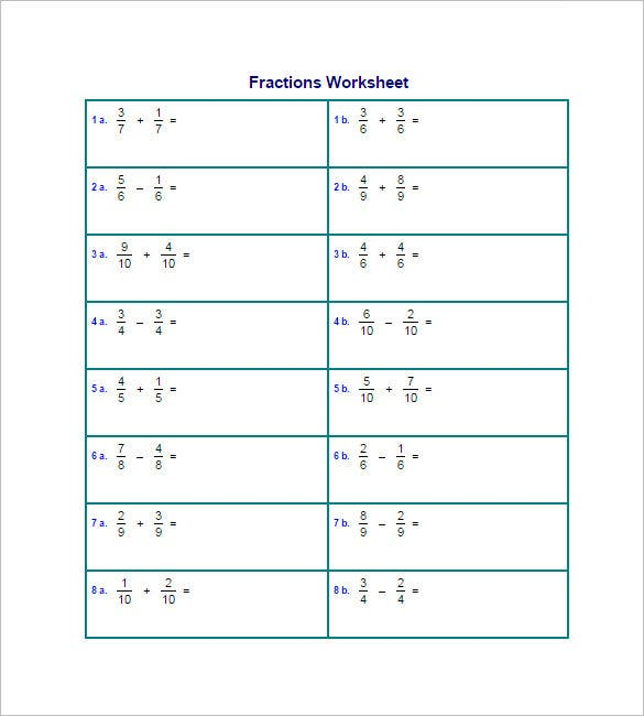 Addition And Subtraction Of Fractions Worksheets Doc ...