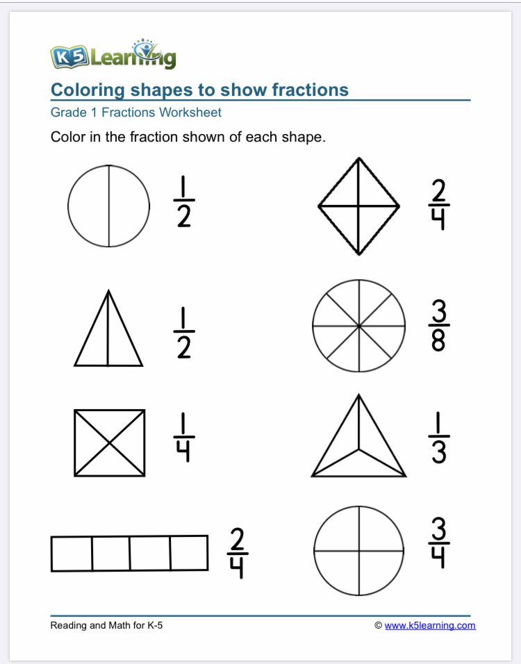 1st Grade Fractions Math Worksheets K5 Learning Fractions 