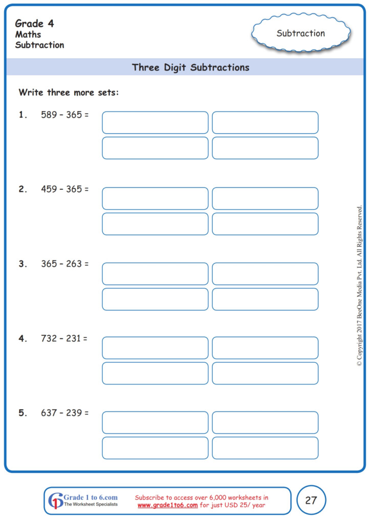 3 Digits Subtraction Worksheets www grade1to6