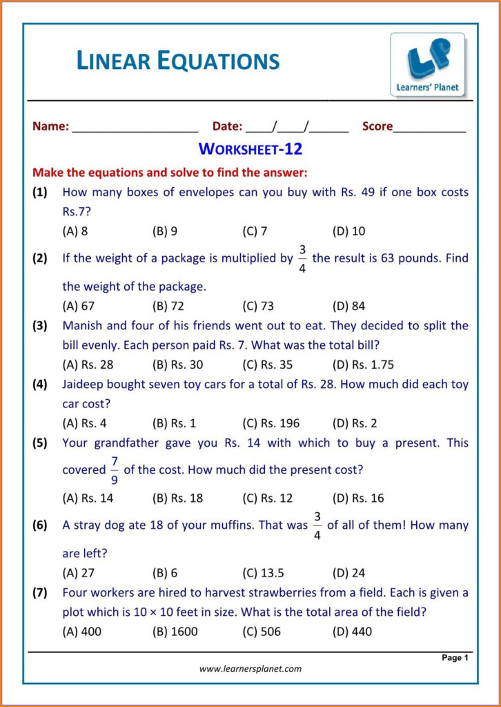 7th Grade Linear Equations Word Problems Worksheet Worksheet Resume 