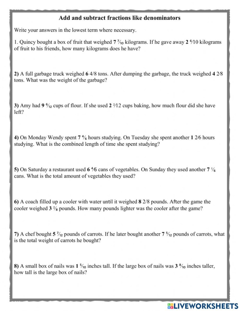 Add And Subtract Fraction Word Problems Worksheet