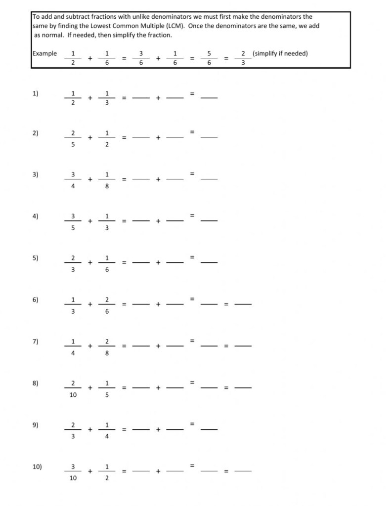 Add And Subtract Unlike Fractions Worksheet