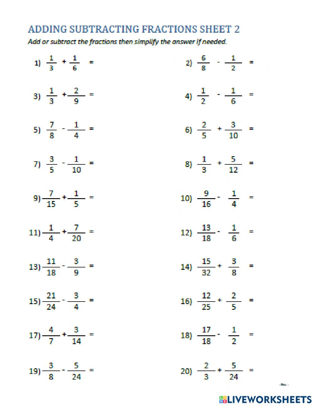 Add And Subtract With Unlike Denominators 1 Worksheet ...