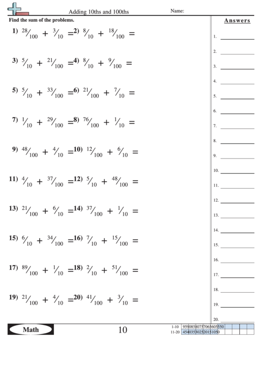 Adding 10ths And 100ths Worksheet With Answer Key Printable Pdf Download