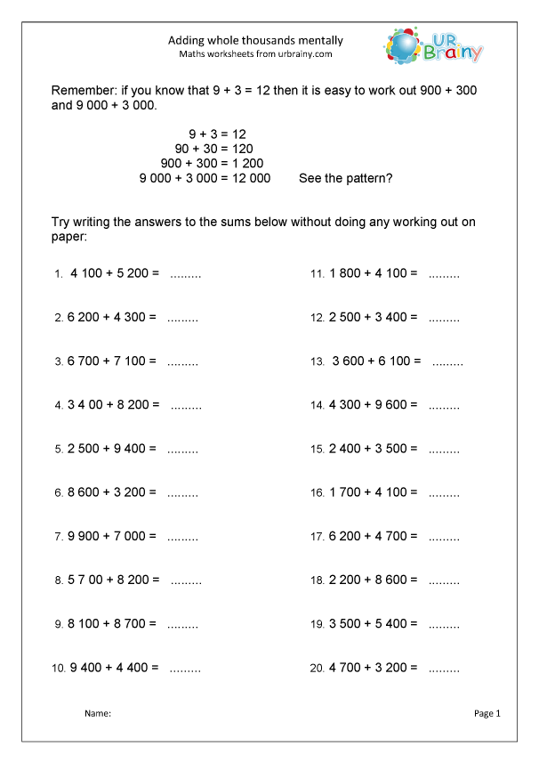 Adding 4 digit Numbers Mentally Addition In Year 5 age 9 10 By 
