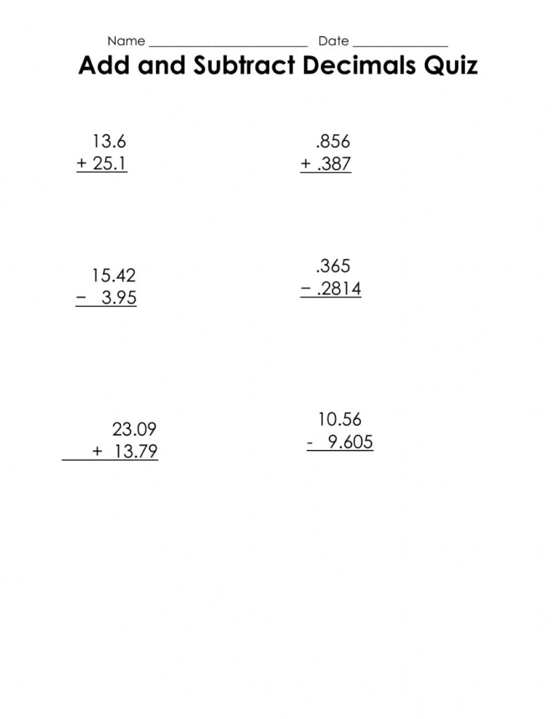 Adding And Subtracting Decimals Exercise