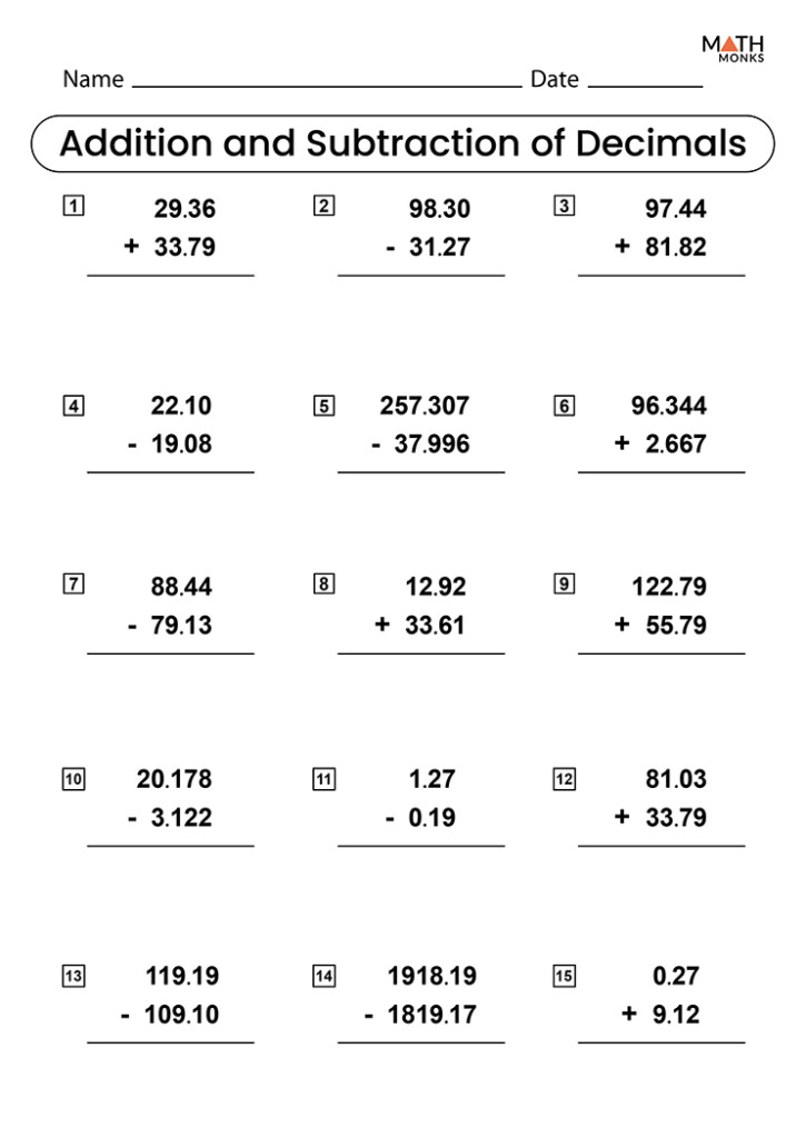 Adding And Subtracting Decimals Worksheets Math Monks