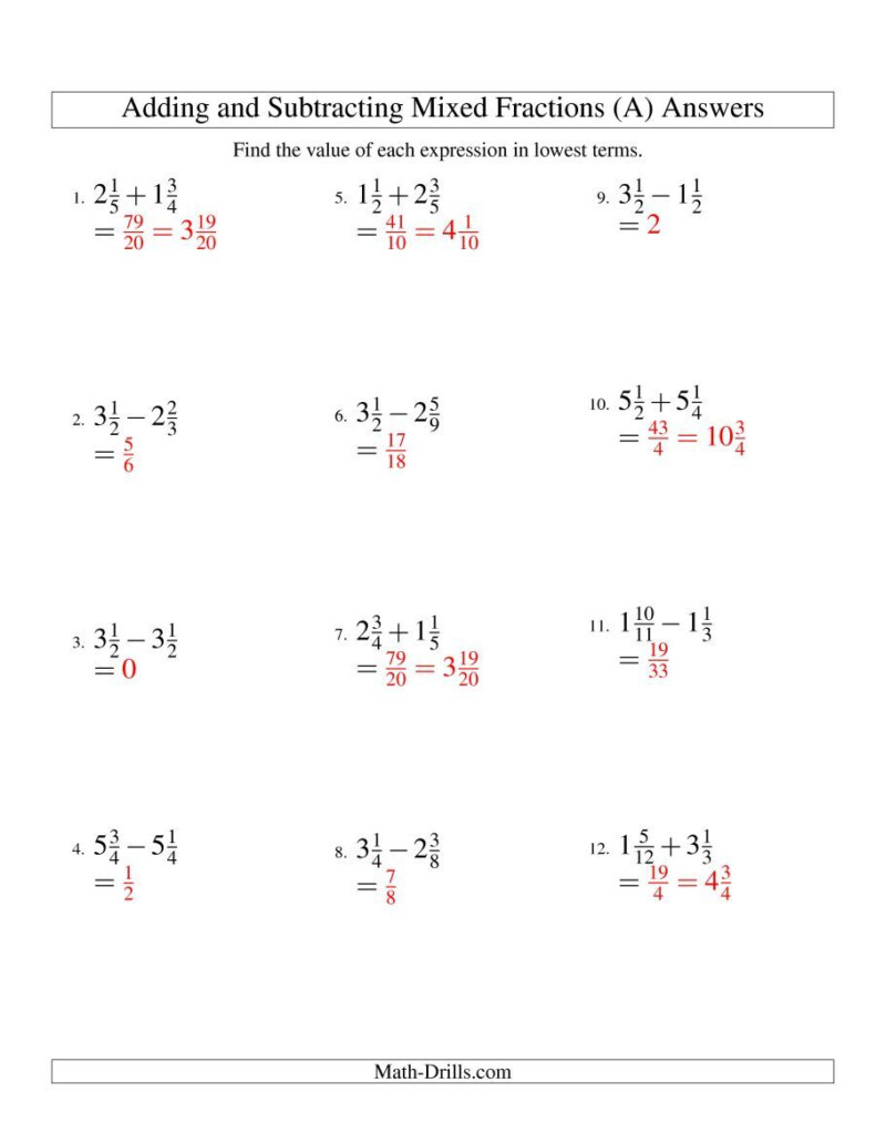 Adding And Subtracting Fractions And Mixed Numbers Worksheet 