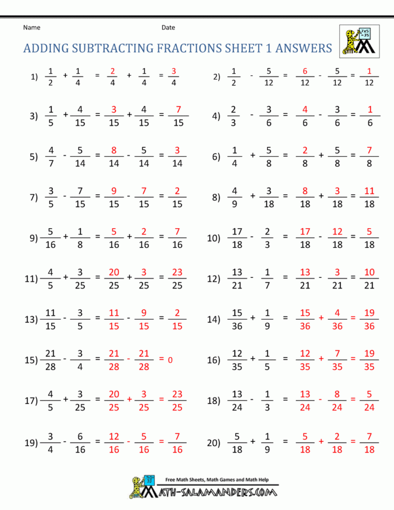 Adding And Subtracting Fractions Multiple Choice Worksheets Times 