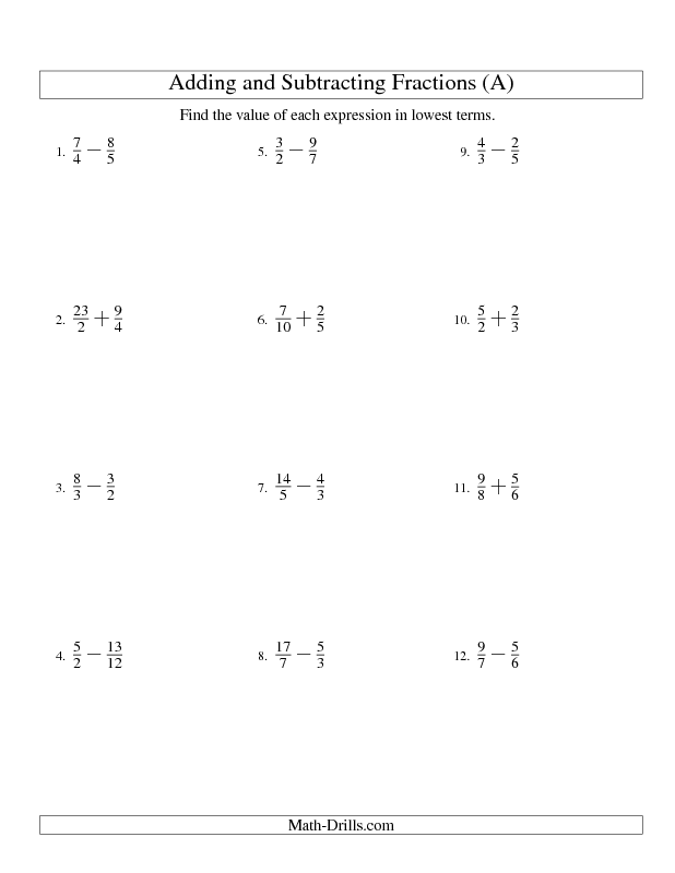 Adding And Subtracting Fractions No Mixed Fractions All Adding 