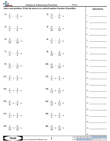 Adding And Subtracting Fractions Quiz Worksheets 99Worksheets