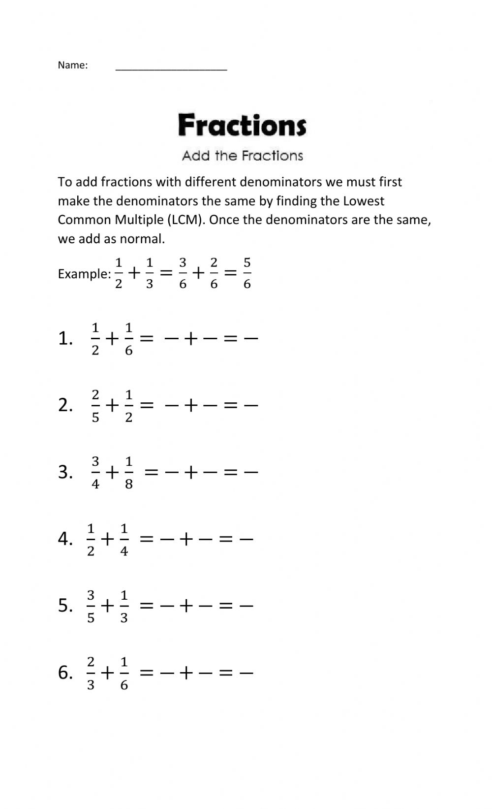 Adding And Subtracting Fractions With Unlike Denominators Worksheet ...