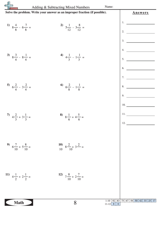 Adding And Subtracting Mixed Numbers Worksheet With Answer Key