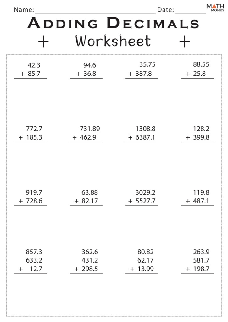 Adding Decimals Worksheets Math Monks