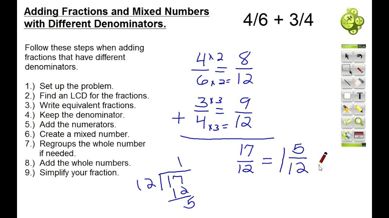Adding Fractions And Mixed Numbers With Different Denominators YouTube