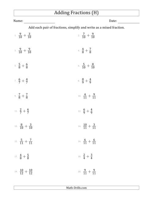 Adding Fractions With Like Denominators Mixed Fraction Sums H 