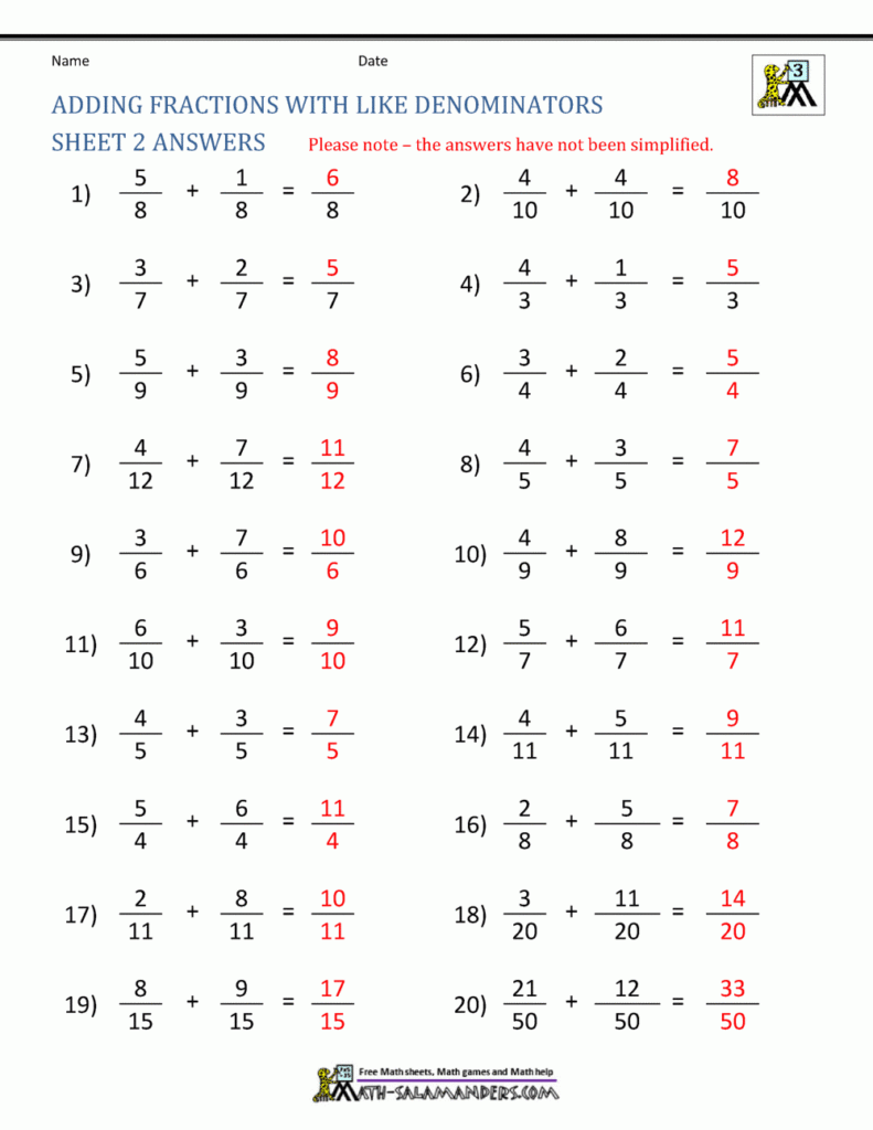 Adding Fractions With Like Denominators Sheet 2 Answers 3rd Grade 