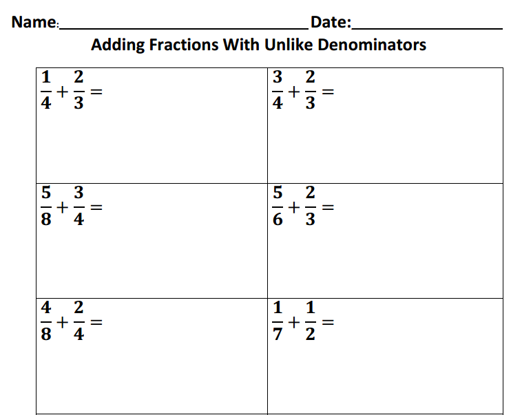 Adding Fractions With Unlike Denominators Printable Worksheets Carol 