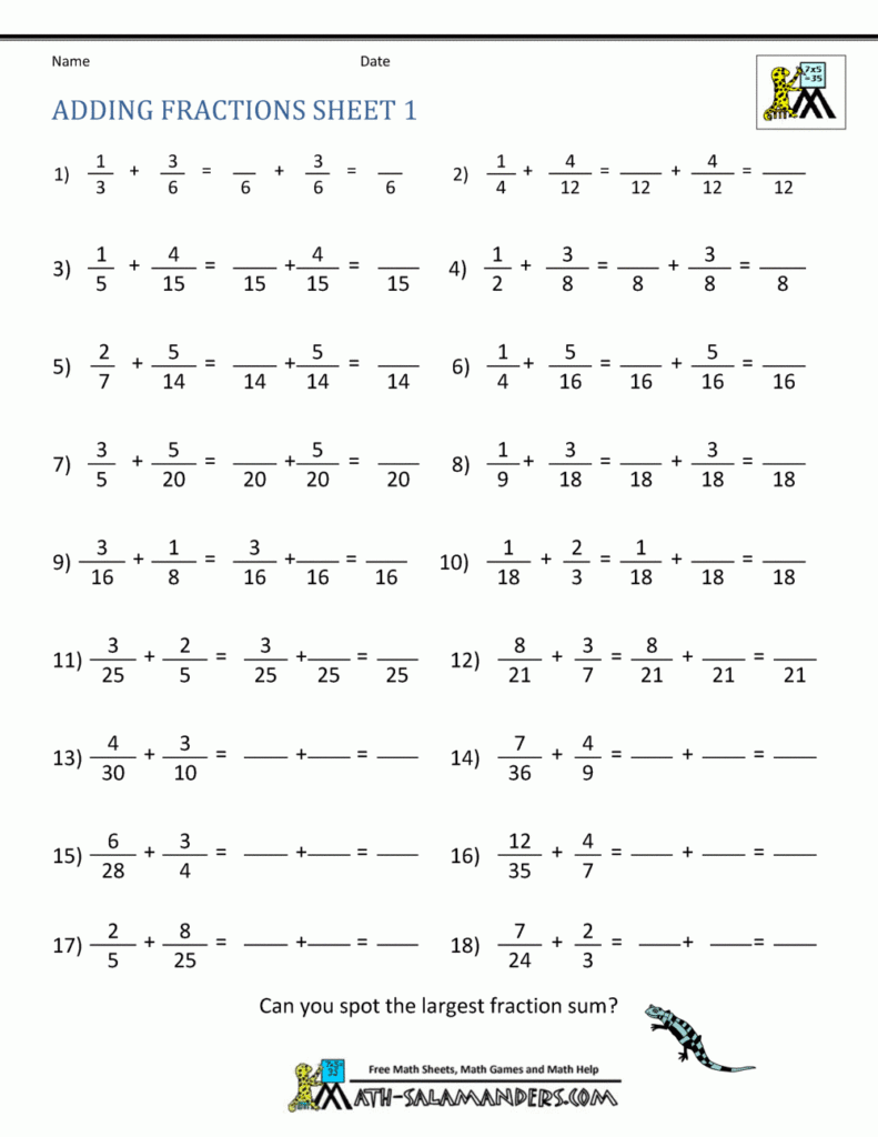 Adding Fractions Worksheets