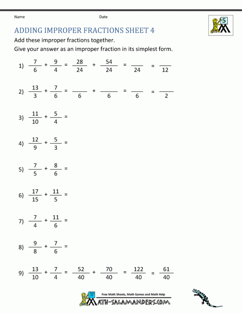 Adding Improper Fractions Support Page