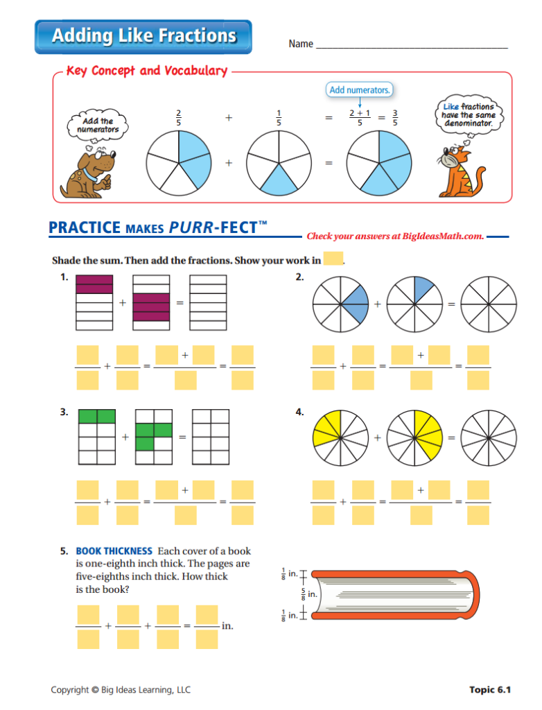 Adding Like Fractions Worksheet Fractions Worksheets Key Concepts 