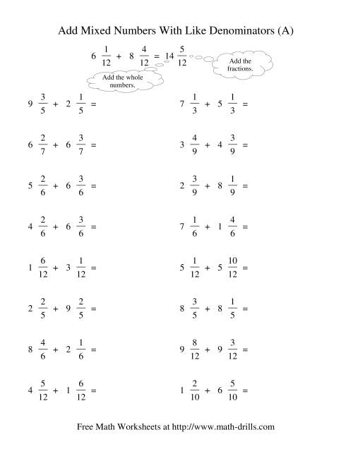 Adding Mixed Fractions Like Denominators No Reducing No Renaming A 