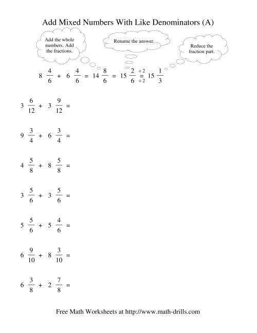 Adding Mixed Fractions Like Denominators Renaming Reducing A