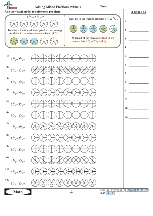 Adding Mixed Fractions Visual Worksheet With Answer Key Printable Pdf 