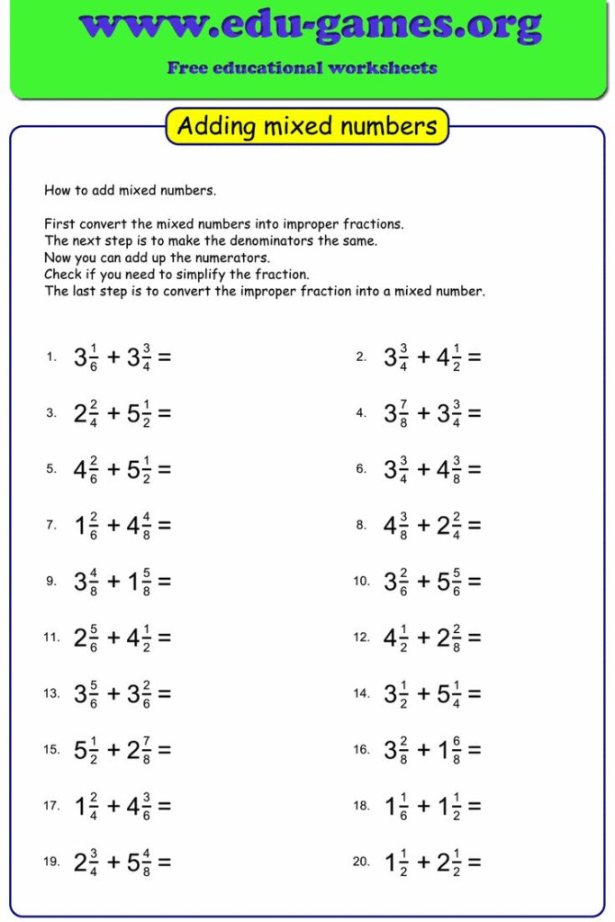 Adding Mixed Numbers With Like And Unlike Denominators Worksheets 