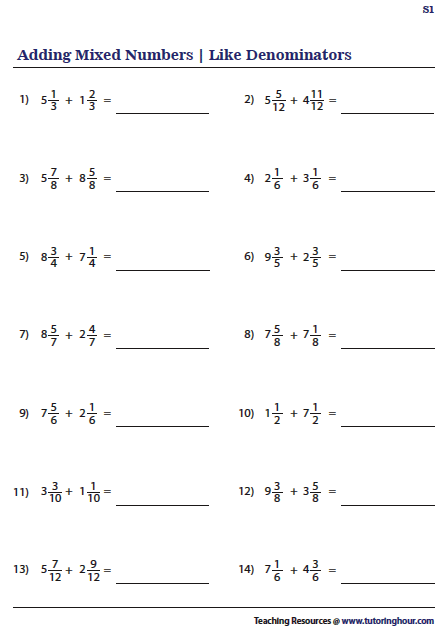 Adding Mixed Numbers With Like Denominators Worksheets Mixed Numbers 