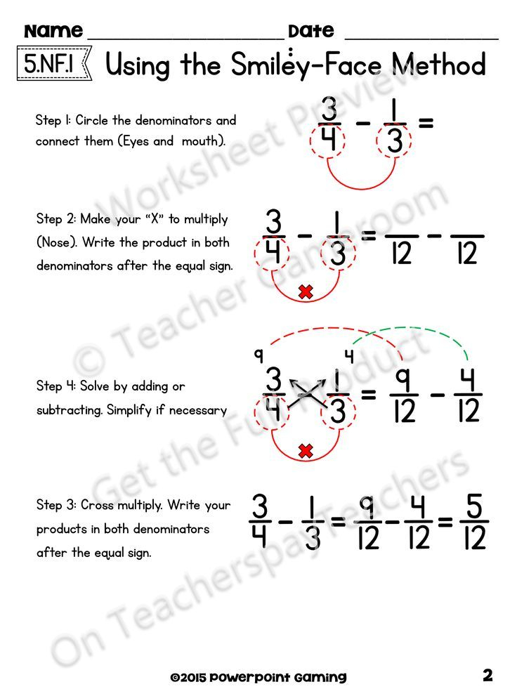 Adding Subtract Fractions With Unlike Denominators Using The Smiley