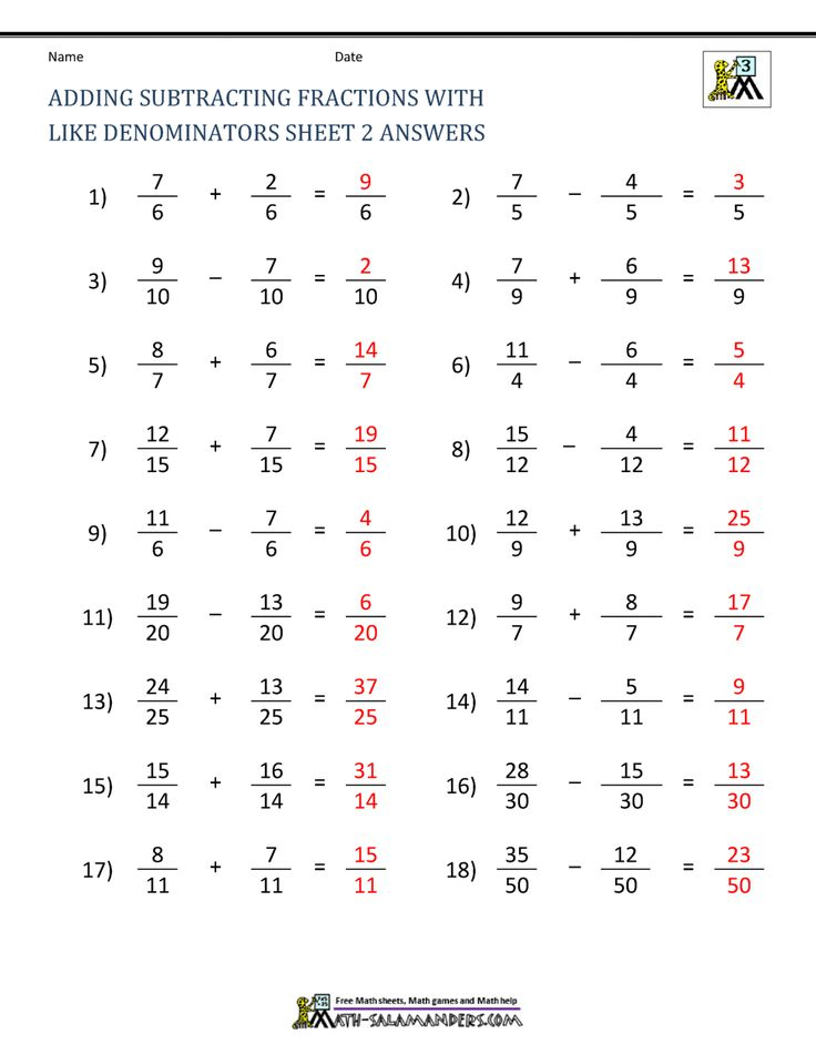 Adding Subtracting Fractions With Like Denominators Sheet 2 Answers In