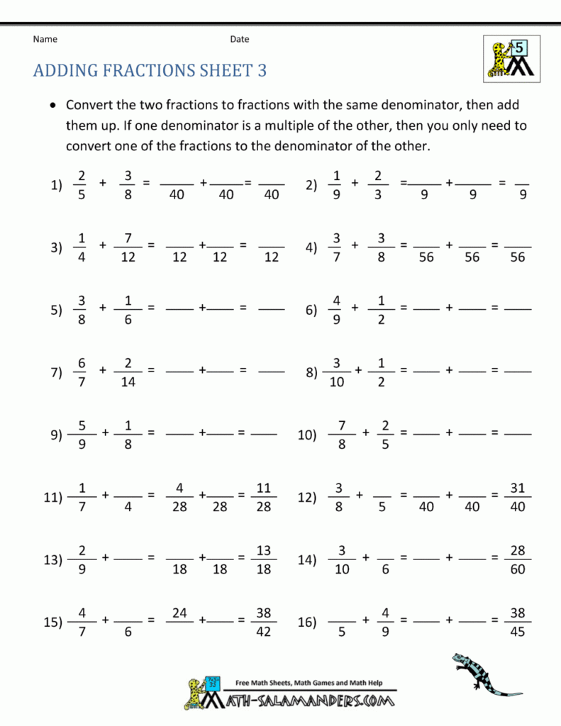 Adding Subtracting Fractions Worksheets