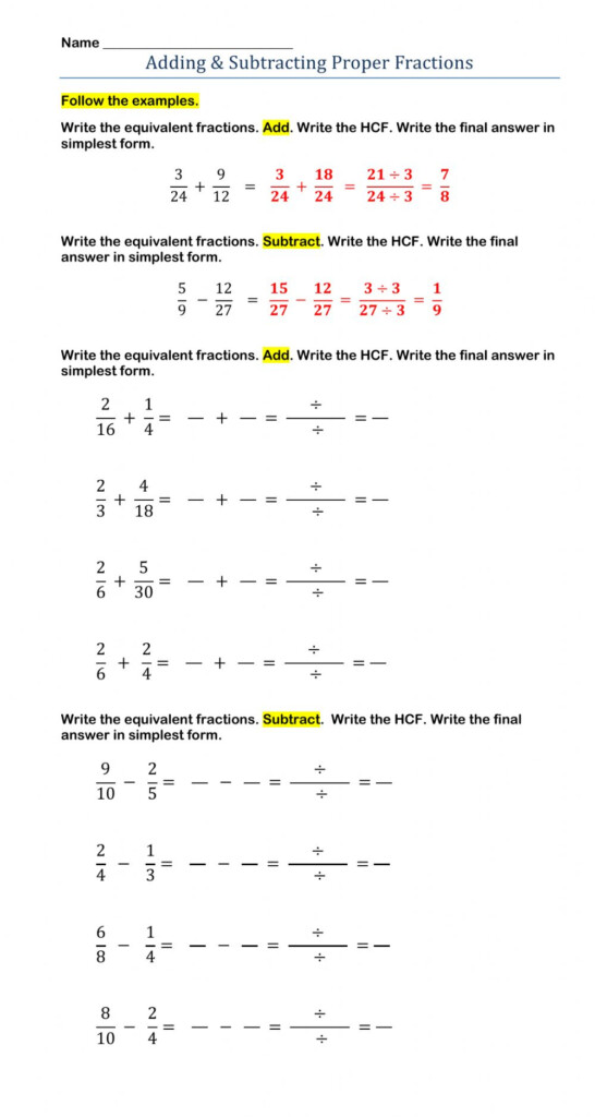 Adding Subtracting Proper Fractions Worksheet