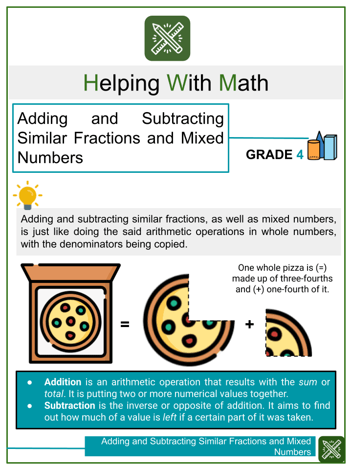 Adding Subtracting Similar Fractions Mixed Numbers Math Worksheet