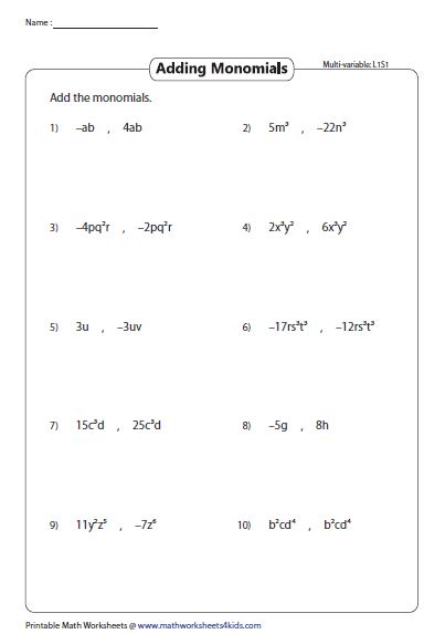 Adding Two Monomials Multivariable Word Problem Worksheets Pre 