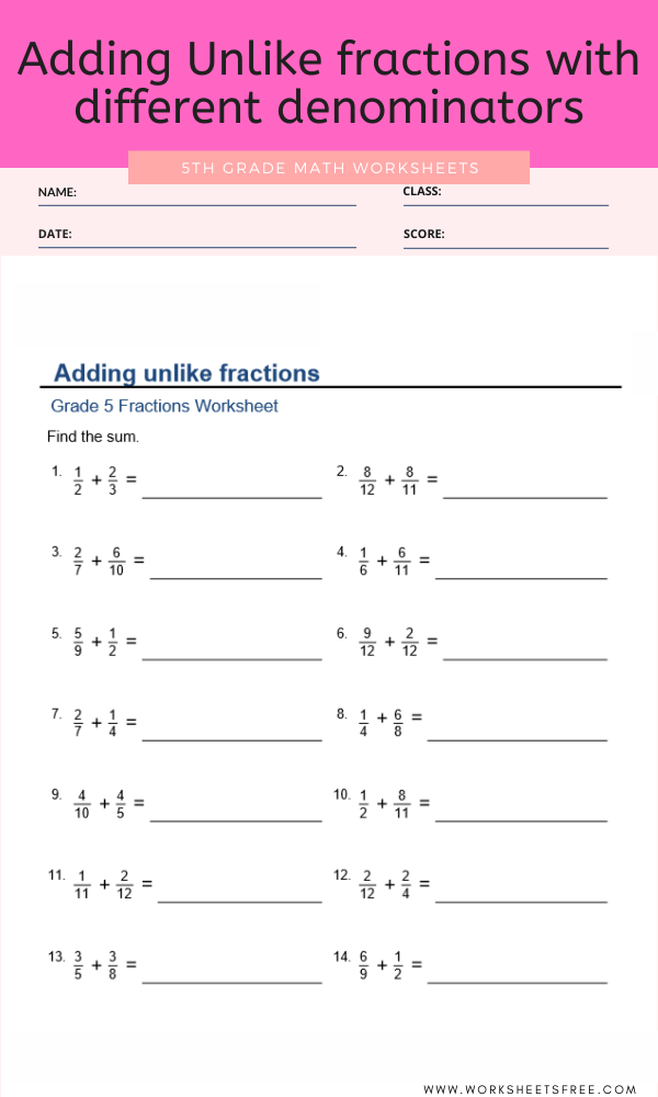 Adding Unlike Fractions With Different Denominators For Grade 5 With 