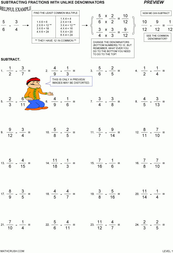 Addition And Subtraction With Unlike Denominators Worksheets 