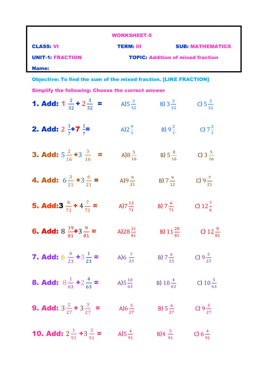 Math Worksheets Adding Fractions With Denominators