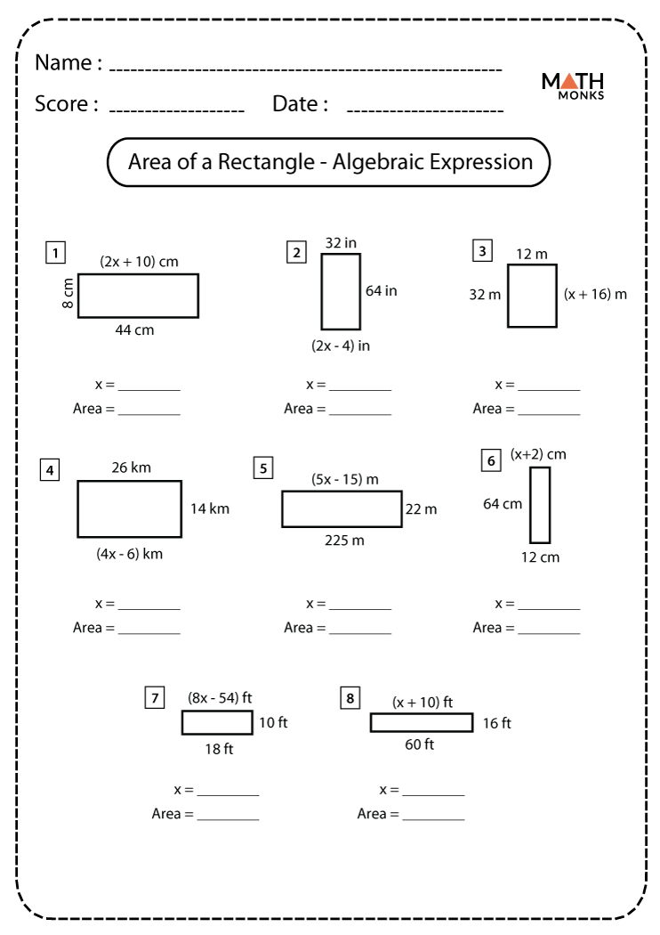 Area Of A Rectangle Algebraic Expression Worksheets Math Monks