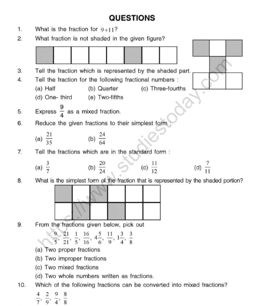 CBSE Class 5 Mental Maths Fractions Worksheet