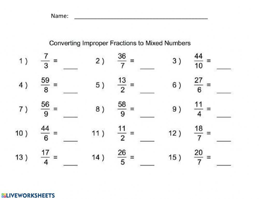 Changing Improper Fractions To Mixed Numbers Worksheet Improper