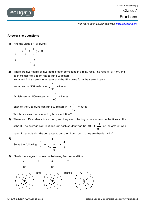 Class 7 Math Worksheets And Problems Fractions Edugain India