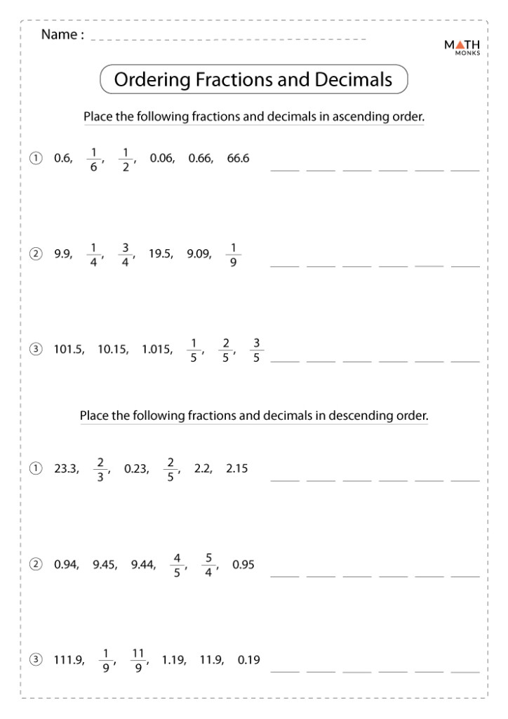 Comparing And Ordering Decimals Worksheets Math Monks