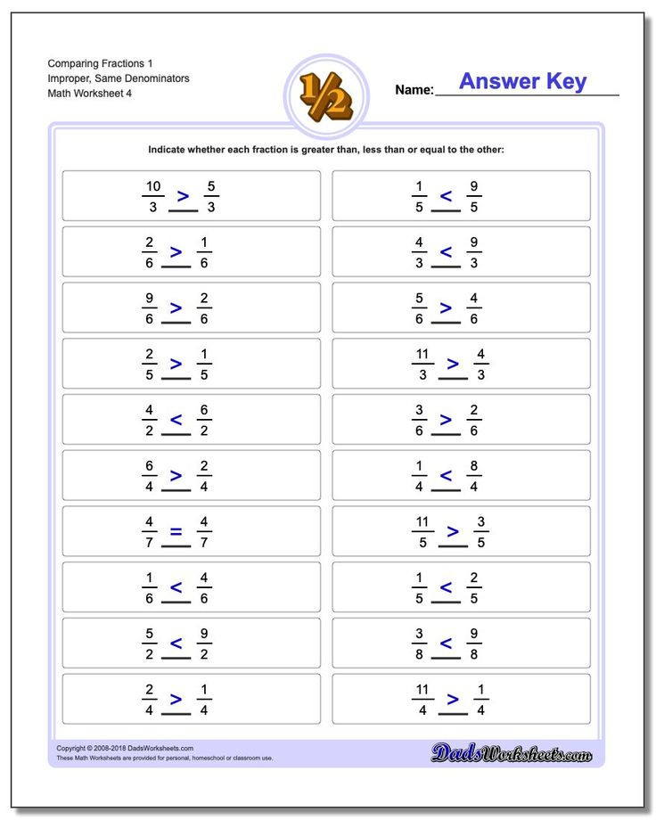 Comparing Fraction Worksheets 1 Improper Same Denominators Fractions