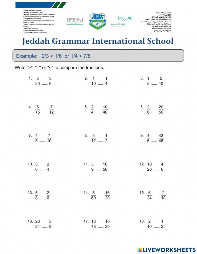 Comparing Fractions Online Worksheet For Grade 5