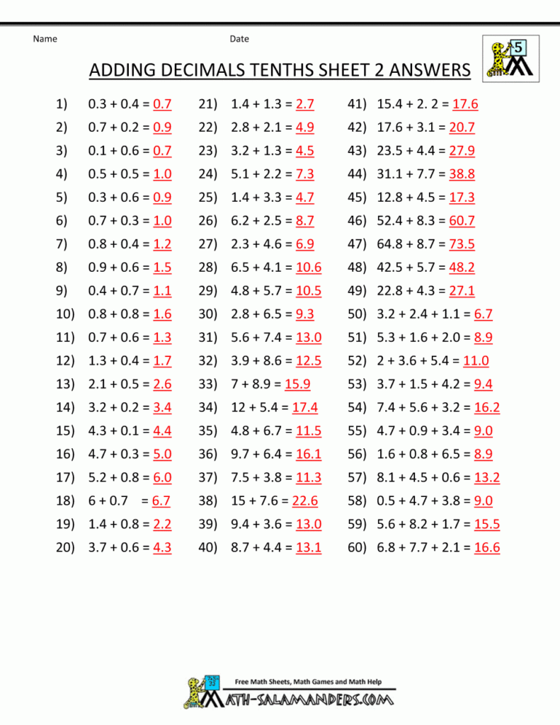 Decimal Math Worksheets Addition