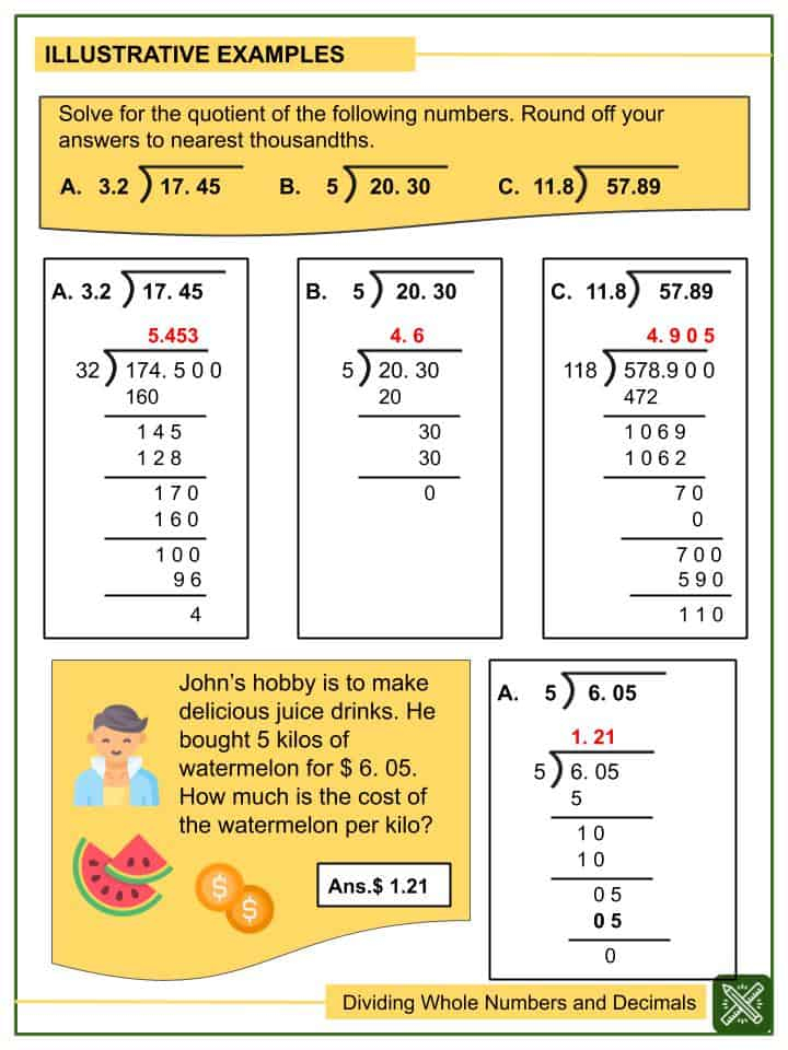 Dividing Whole Numbers And Decimals Tenths To Thousandths Worksheets