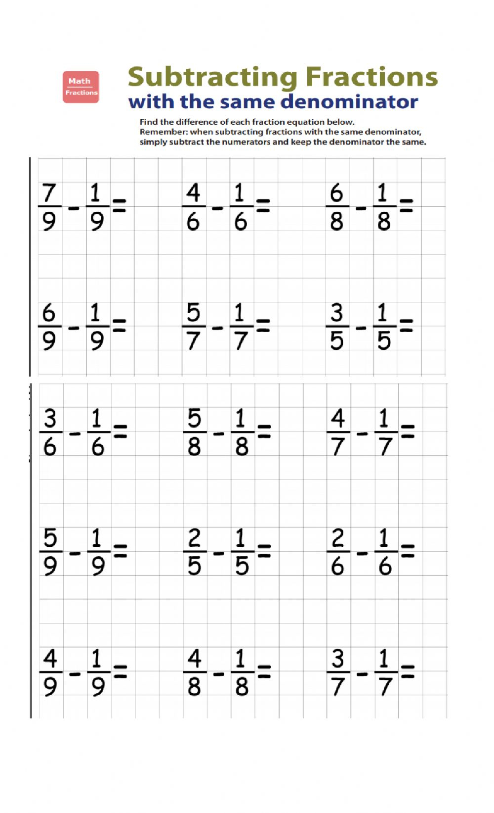 Ejercicio De Adding And Subtracting Fractions With Like Denominators